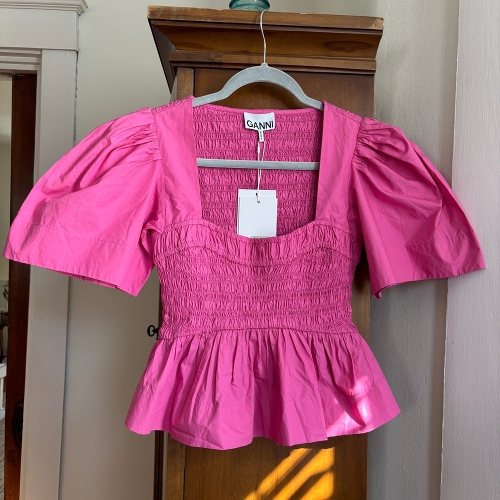 Ganni Shirred Pink Poplin Peplum Top